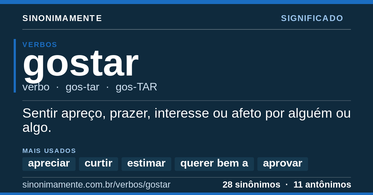 Significado de gostar: cartão do verbete com 28 sinônimos