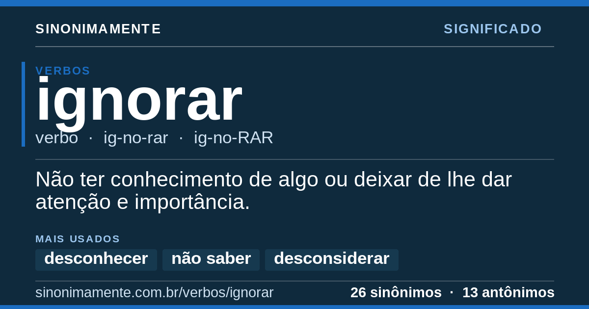 Significado de ignorar: cartão do verbete com 26 sinônimos