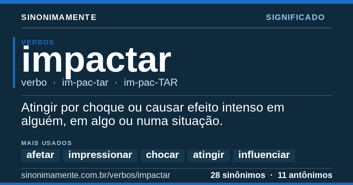 Significado de impactar: cartão do verbete com 28 sinônimos