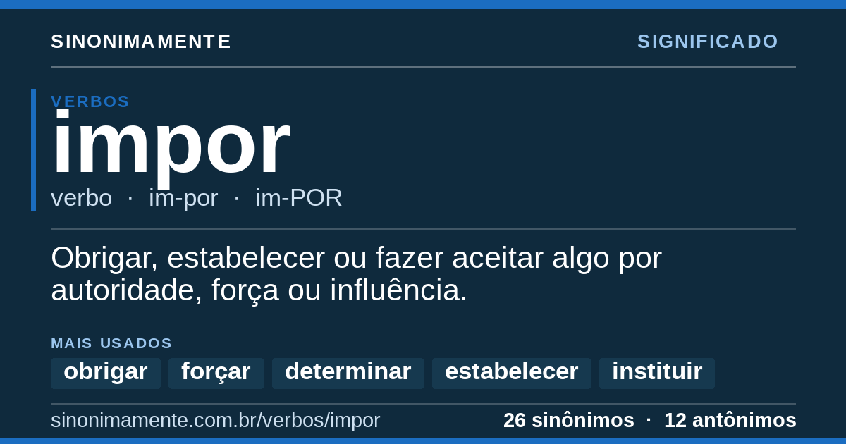 Significado de impor: cartão do verbete com 26 sinônimos