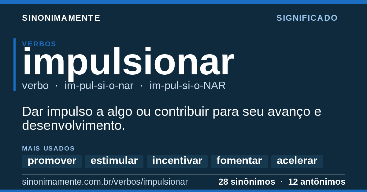 Significado de impulsionar: cartão do verbete com 28 sinônimos