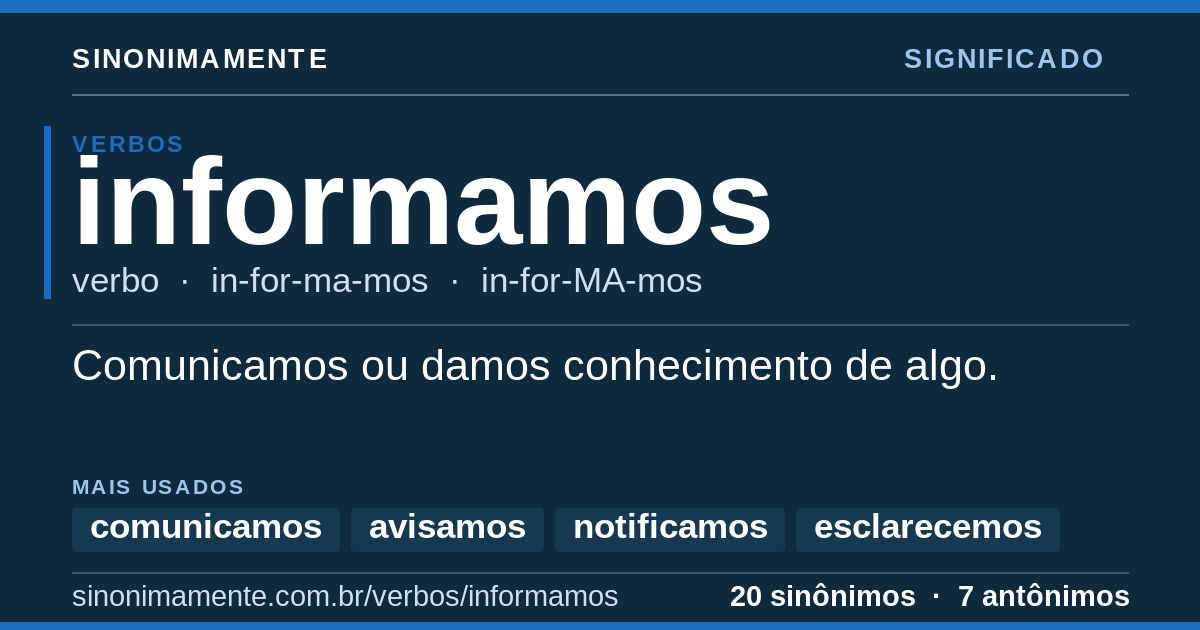 Significado de informamos: cartão do verbete com 20 sinônimos