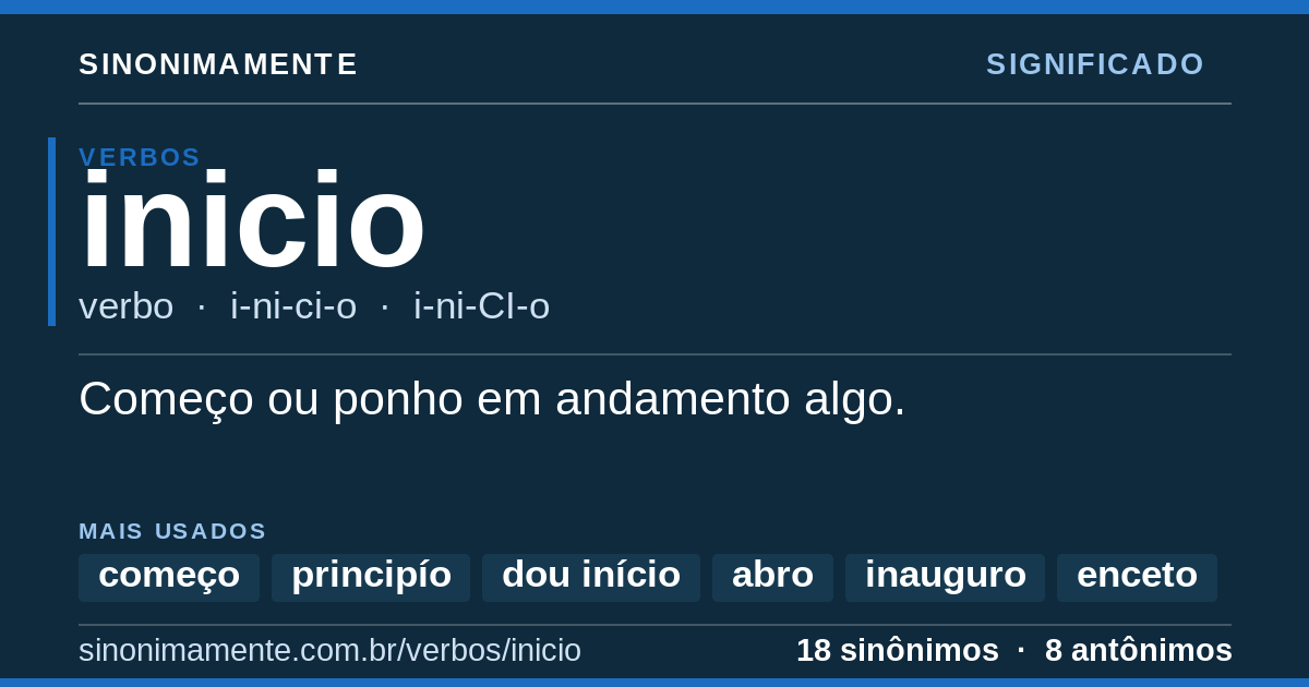 Significado de inicio: cartão do verbete com 18 sinônimos