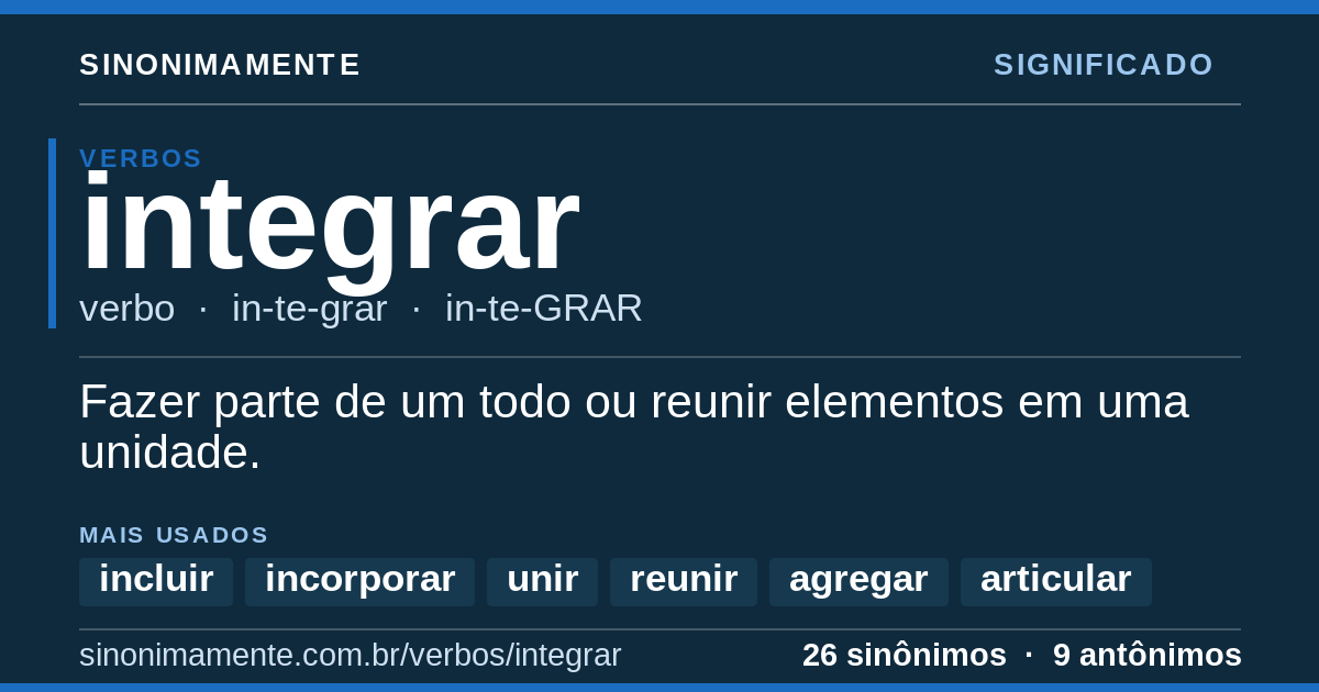 Significado de integrar: cartão do verbete com 26 sinônimos