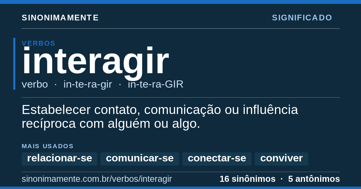 Significado de interagir: cartão do verbete com 16 sinônimos