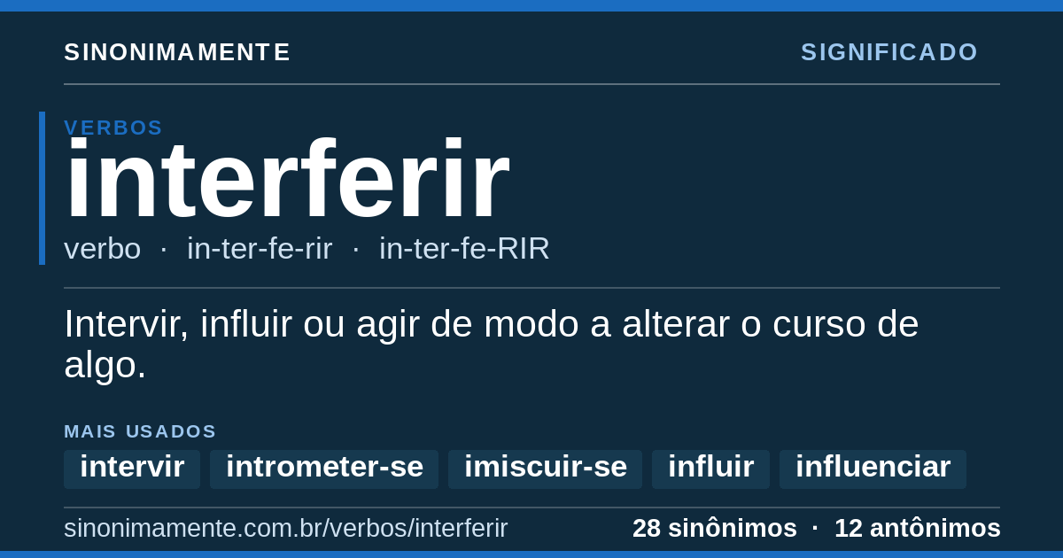 Significado de interferir: cartão do verbete com 28 sinônimos
