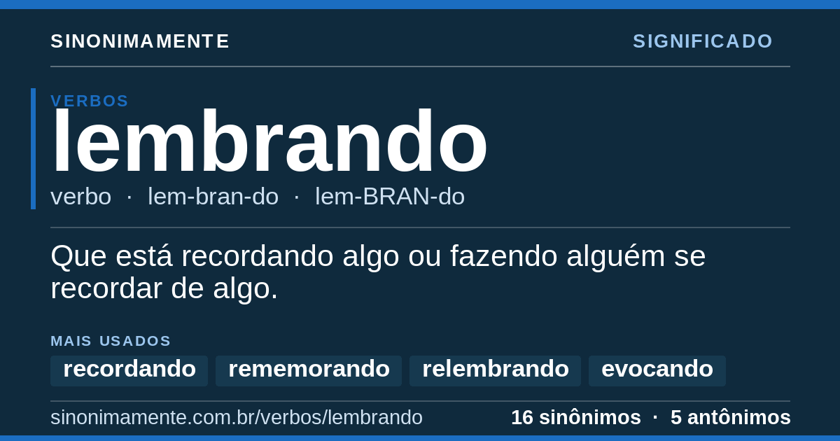 Significado de lembrando: cartão do verbete com 16 sinônimos