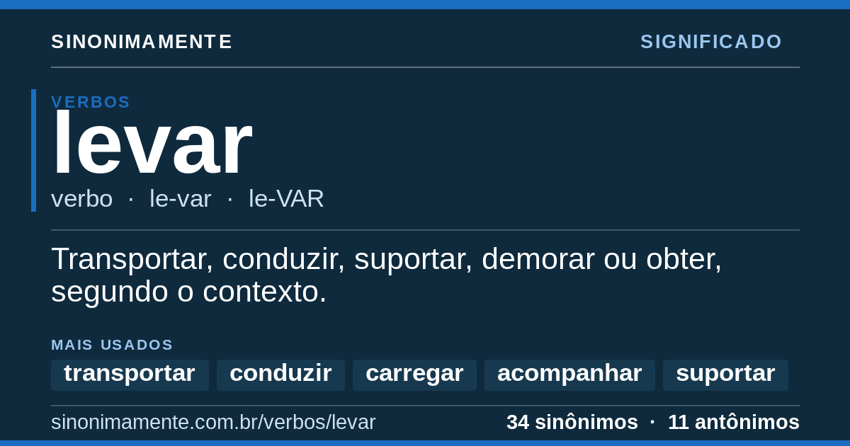 Significado de levar: cartão do verbete com 34 sinônimos