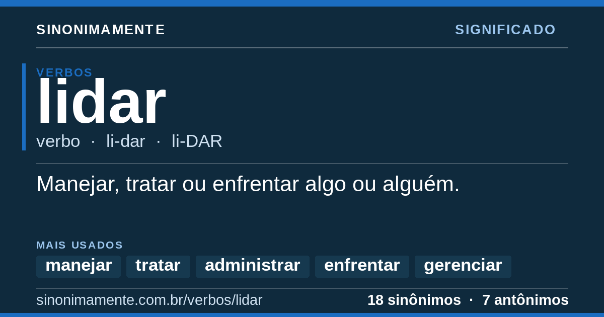 Significado de lidar: cartão do verbete com 18 sinônimos
