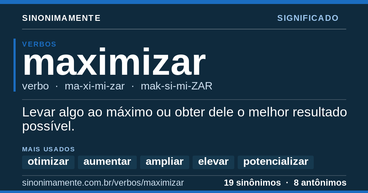 Significado de maximizar: cartão do verbete com 19 sinônimos