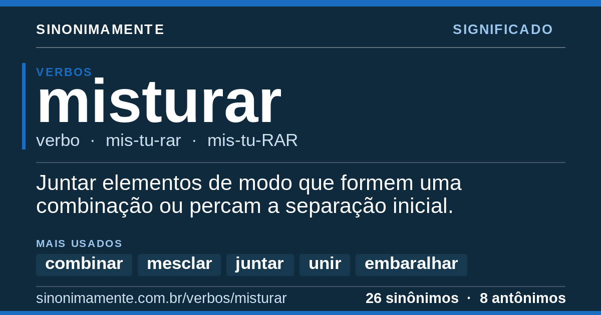 Significado de misturar: cartão do verbete com 26 sinônimos