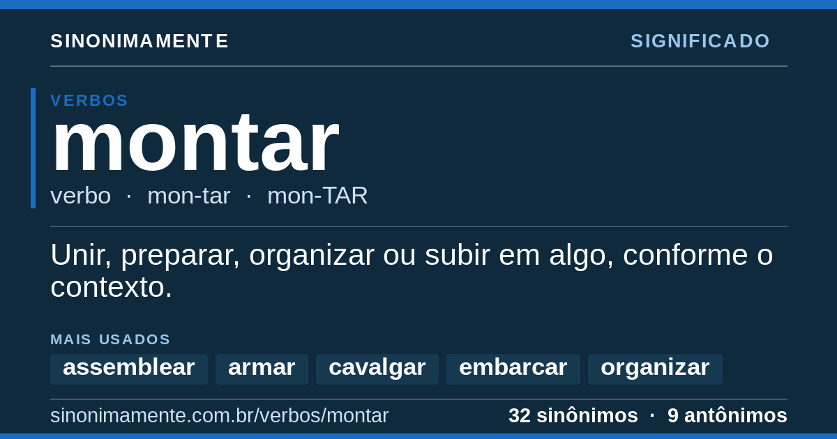 Significado de montar: cartão do verbete com 32 sinônimos