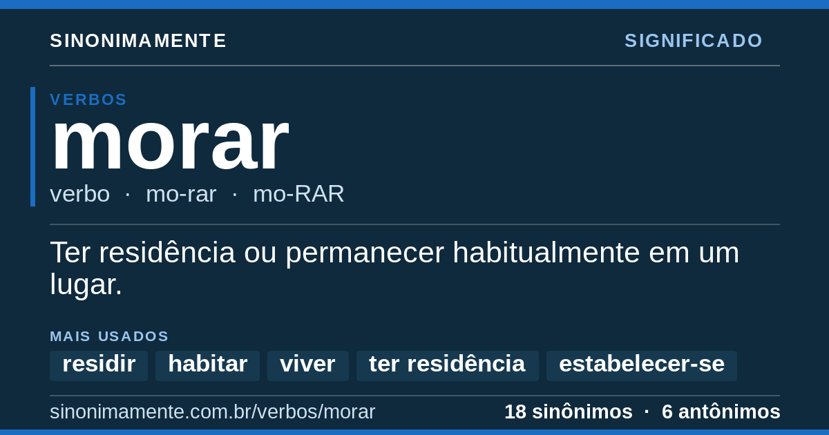 Significado de morar: cartão do verbete com 18 sinônimos
