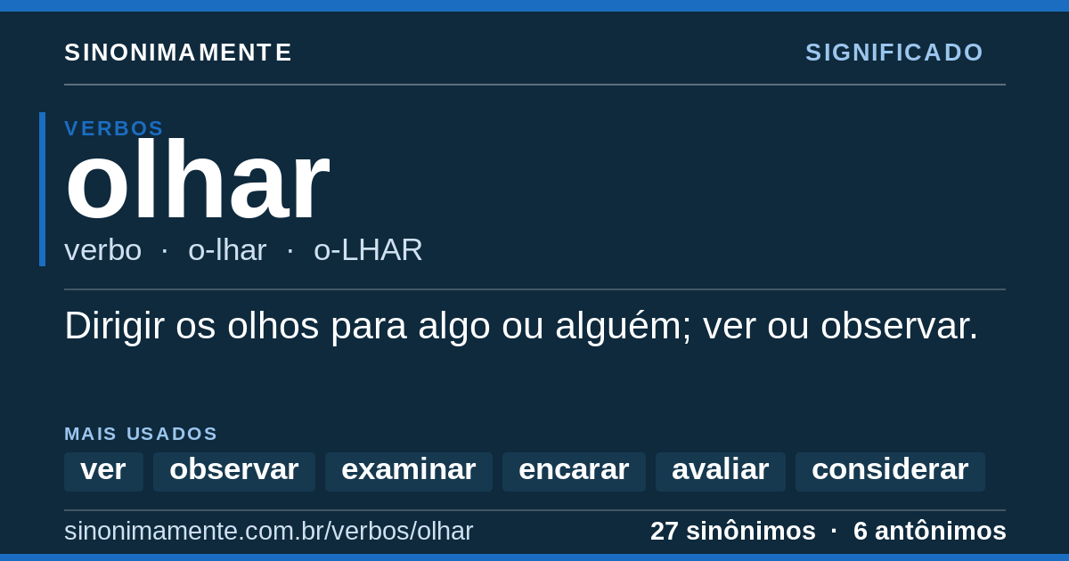 Significado de olhar: cartão do verbete com 27 sinônimos