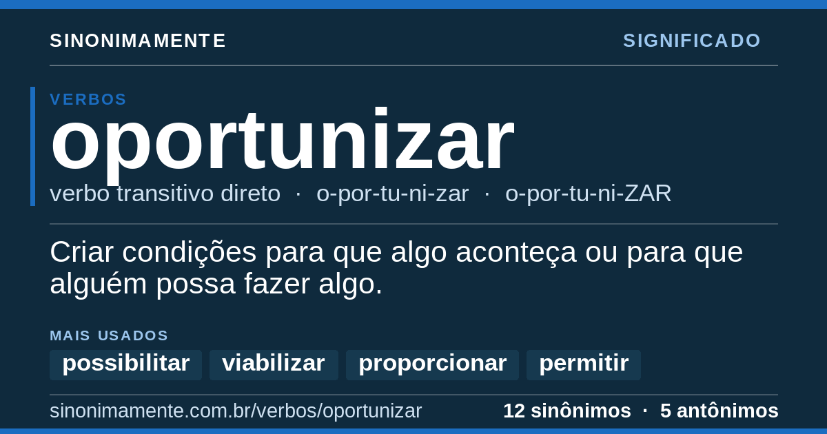 Significado de oportunizar: cartão do verbete com 12 sinônimos