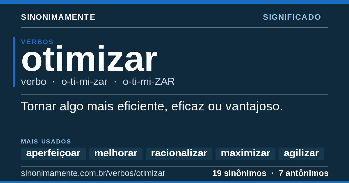 Significado de otimizar: cartão do verbete com 19 sinônimos