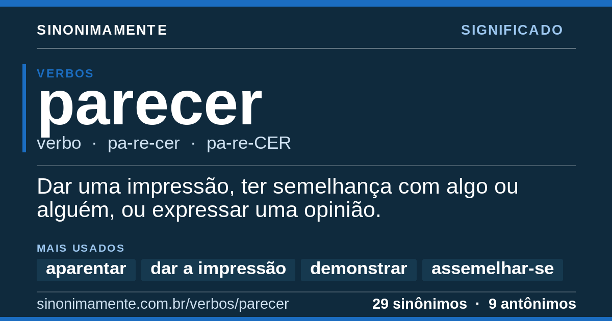 Significado de parecer: cartão do verbete com 29 sinônimos