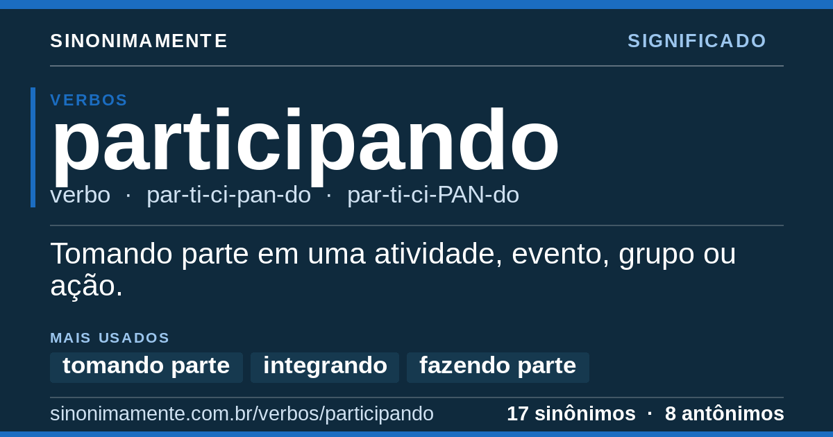 Significado de participando: cartão do verbete com 17 sinônimos