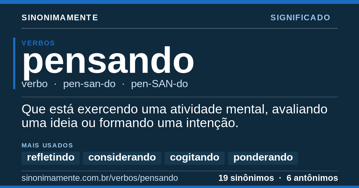 Significado de pensando: cartão do verbete com 19 sinônimos