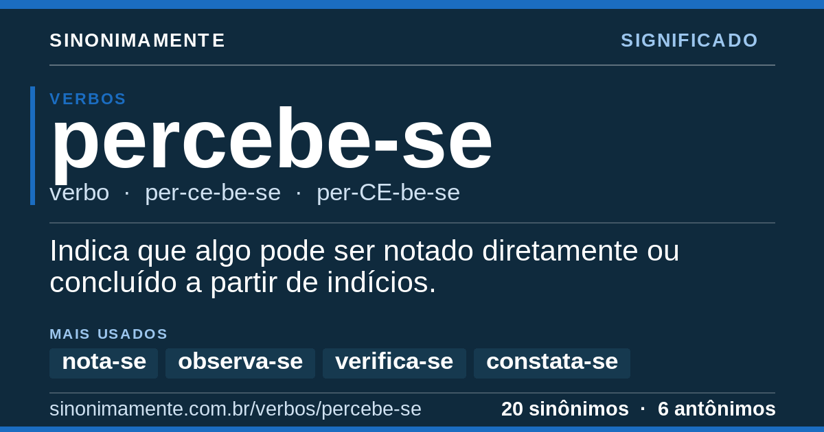 Significado de percebe-se: cartão do verbete com 20 sinônimos