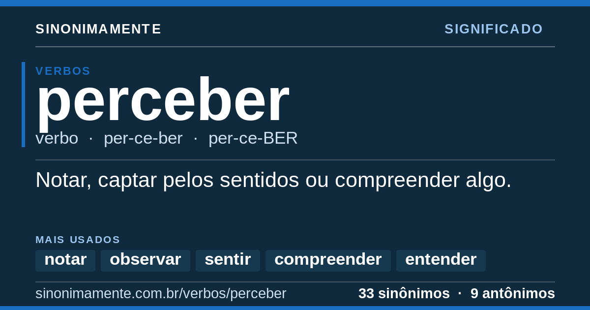 Significado de perceber: cartão do verbete com 33 sinônimos