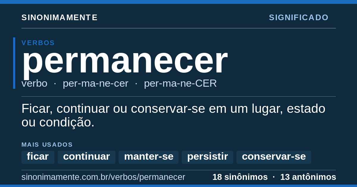 Significado de permanecer: cartão do verbete com 18 sinônimos
