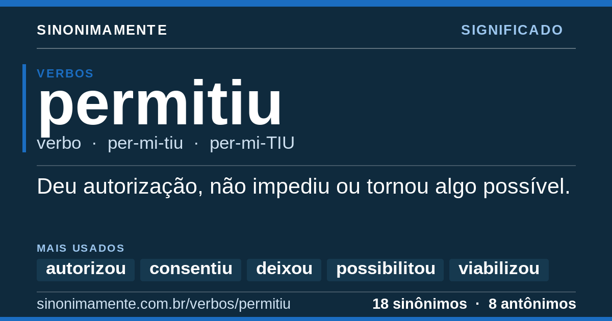 Significado de permitiu: cartão do verbete com 18 sinônimos