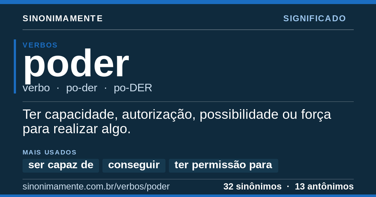 Significado de poder: cartão do verbete com 32 sinônimos