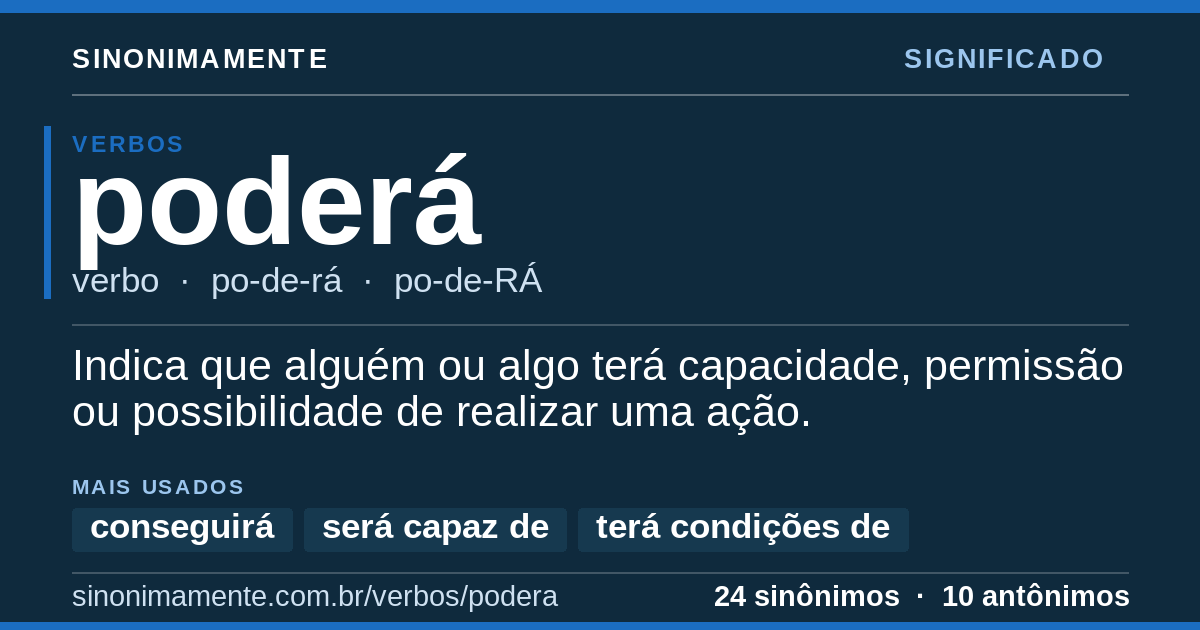 Significado de poderá: cartão do verbete com 24 sinônimos