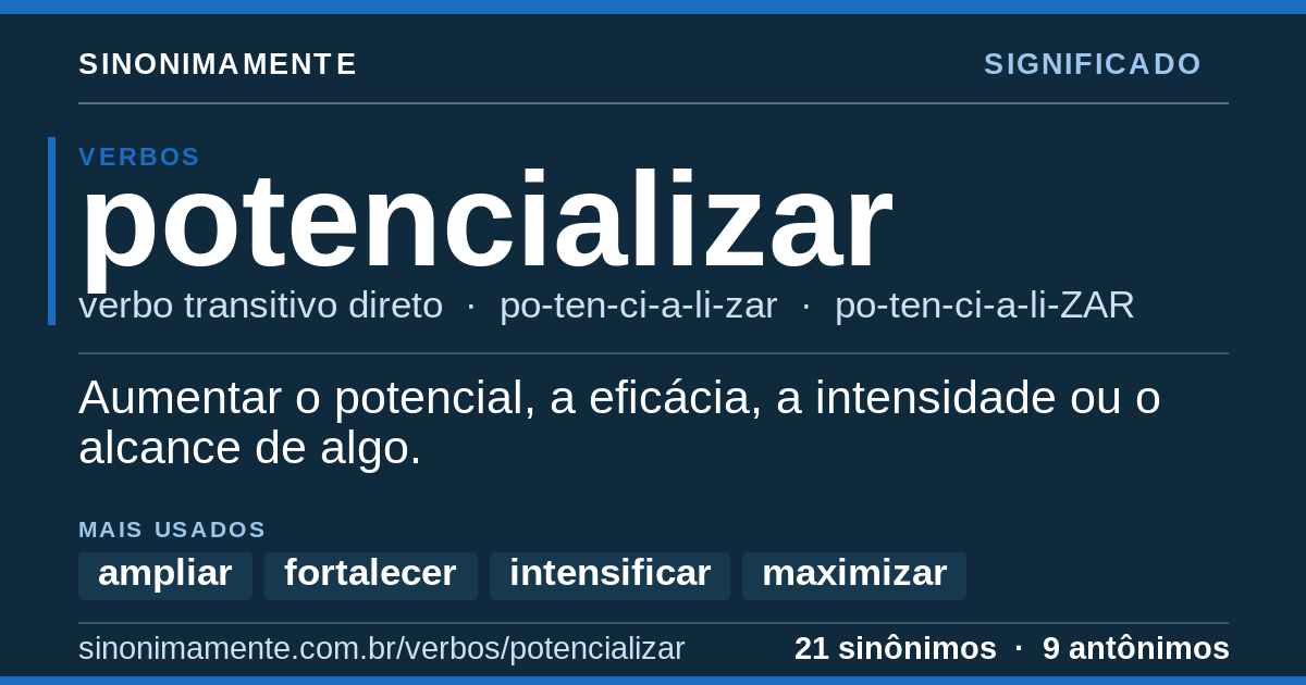Significado de potencializar: cartão do verbete com 21 sinônimos