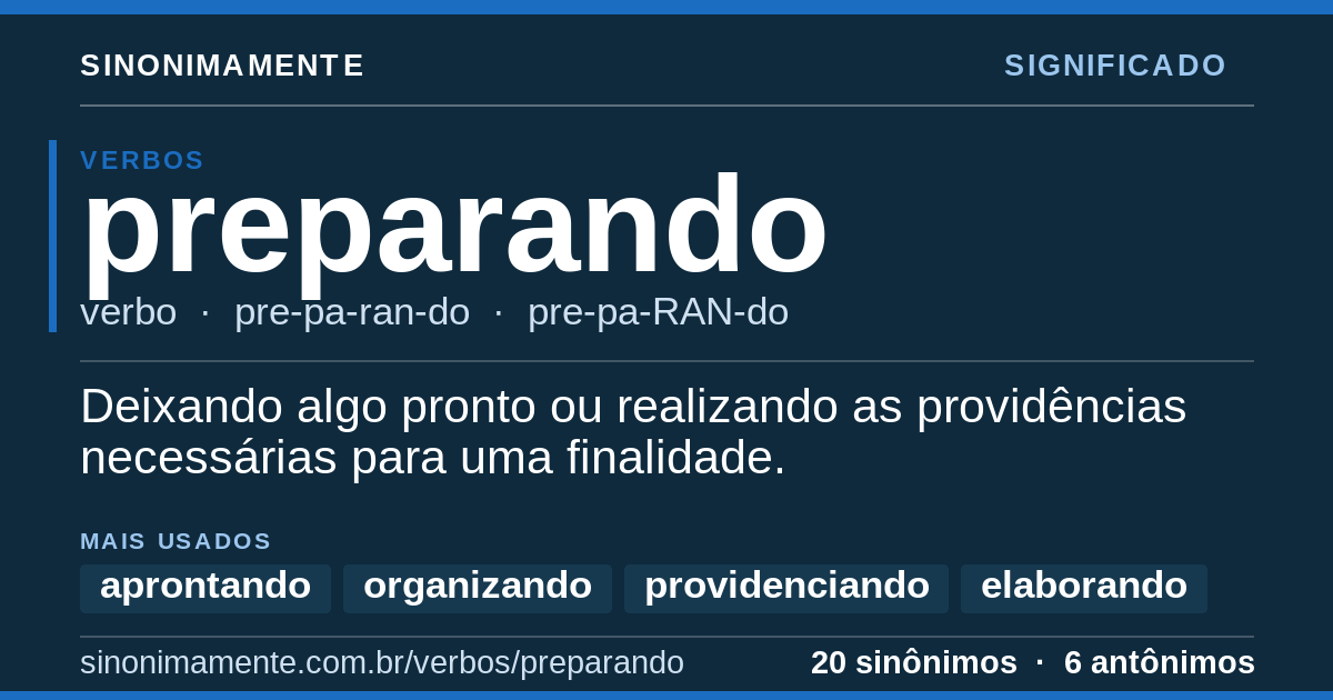 Significado de preparando: cartão do verbete com 20 sinônimos