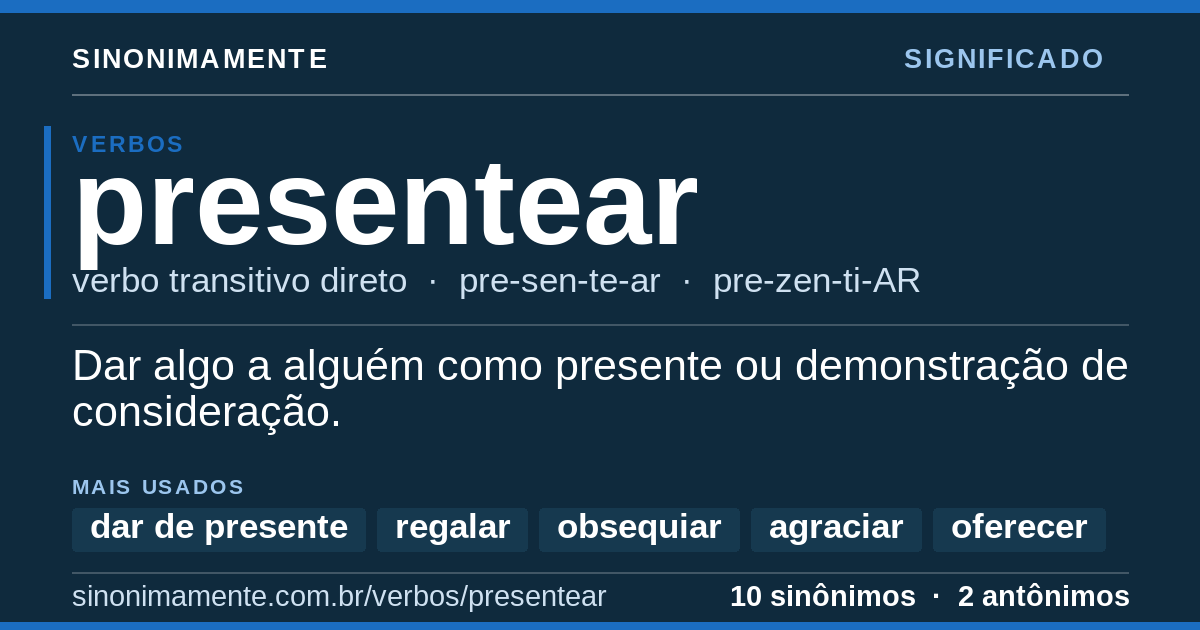 Significado de presentear: cartão do verbete com 10 sinônimos