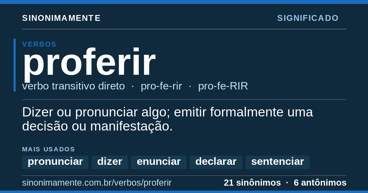 Significado de proferir: cartão do verbete com 21 sinônimos
