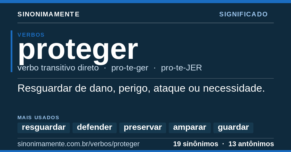 Significado de proteger: cartão do verbete com 19 sinônimos