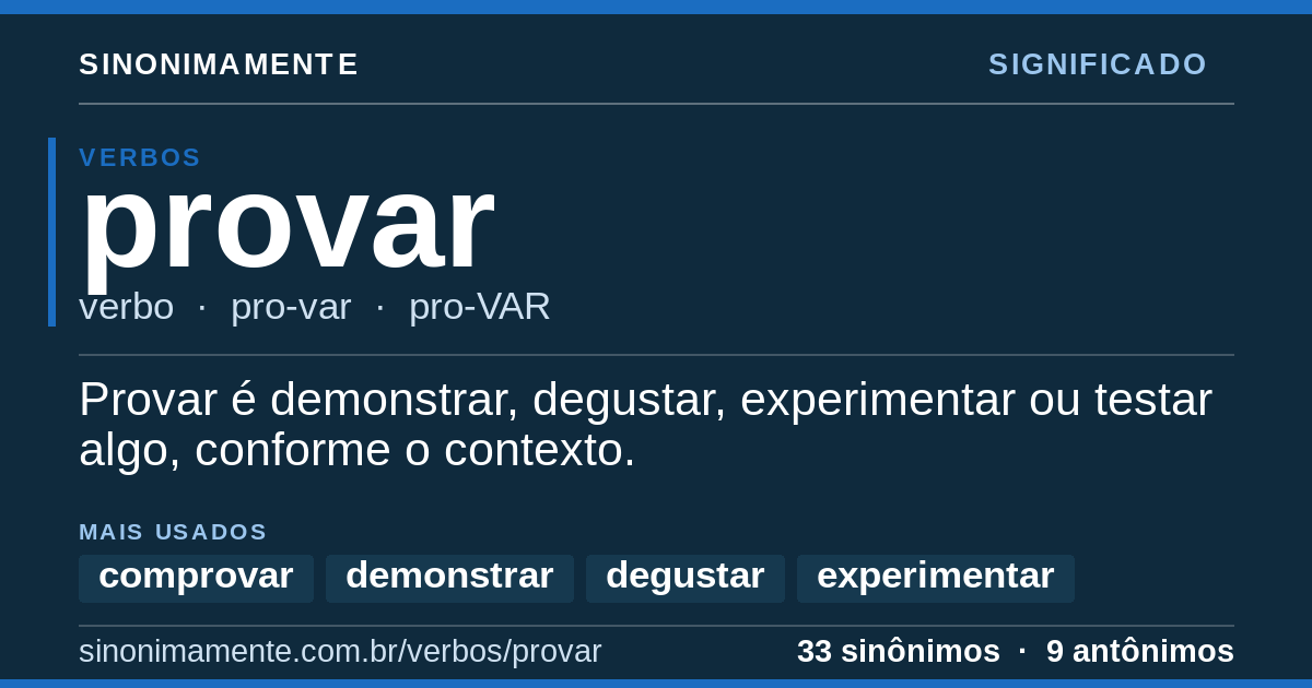 Significado de provar: cartão do verbete com 33 sinônimos