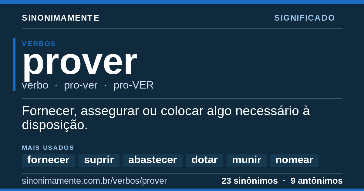 Significado de prover: cartão do verbete com 23 sinônimos