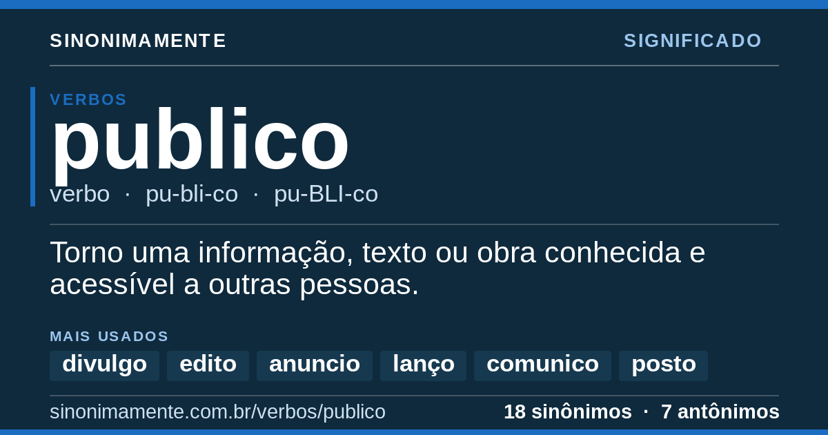 Significado de publico: cartão do verbete com 18 sinônimos