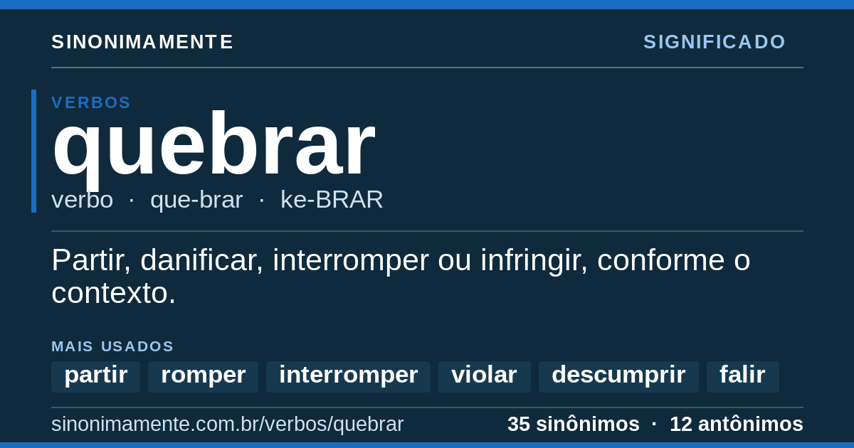 Significado de quebrar: cartão do verbete com 35 sinônimos