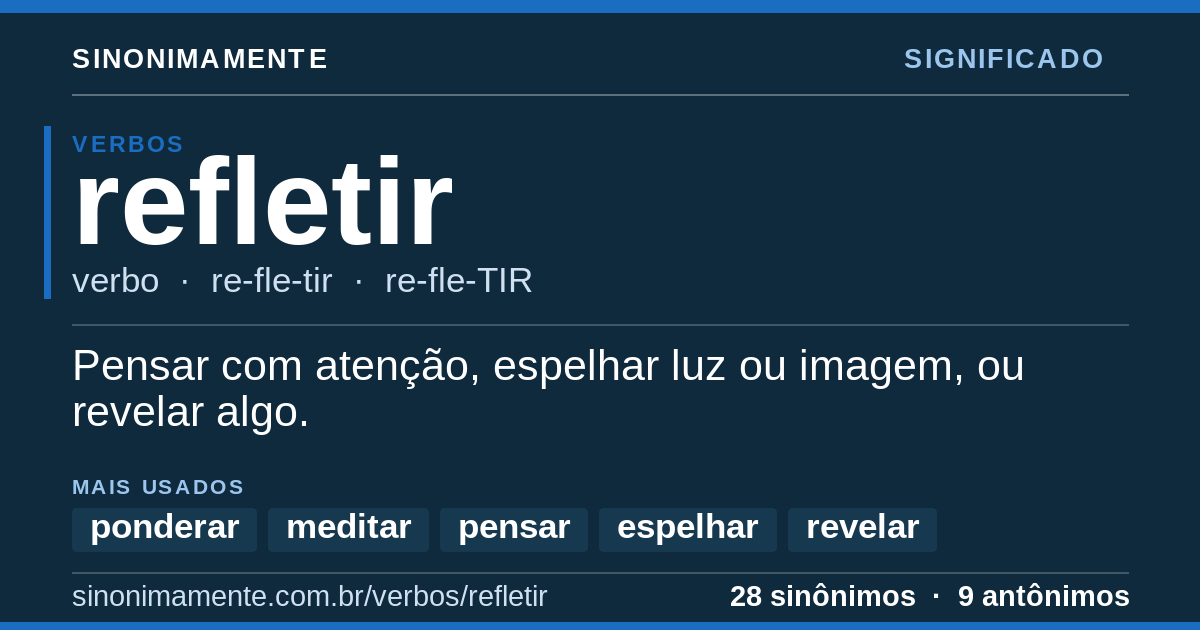 Significado de refletir: cartão do verbete com 28 sinônimos