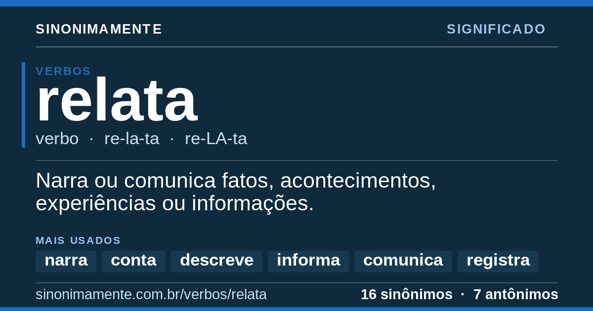 Significado de relata: cartão do verbete com 16 sinônimos