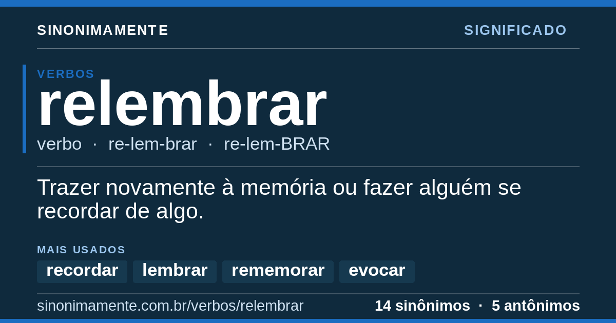 Significado de relembrar: cartão do verbete com 14 sinônimos