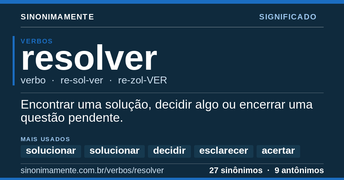 Significado de resolver: cartão do verbete com 27 sinônimos