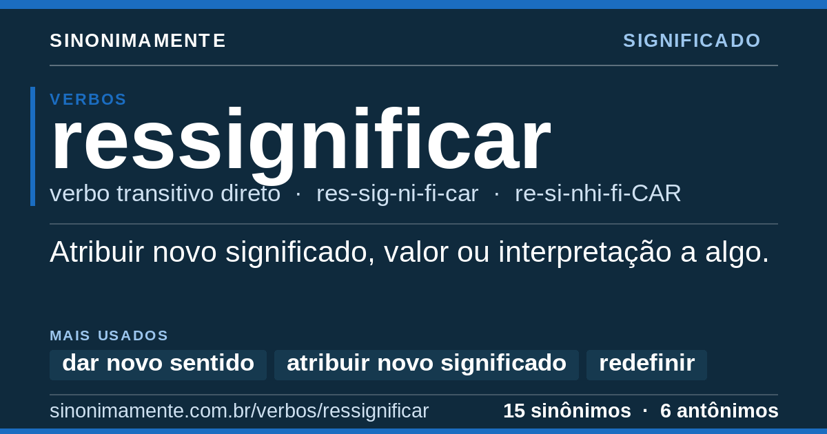 Significado de ressignificar: cartão do verbete com 15 sinônimos