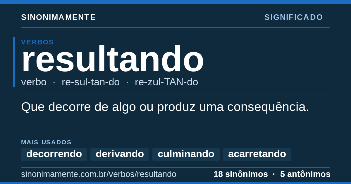 Significado de resultando: cartão do verbete com 18 sinônimos