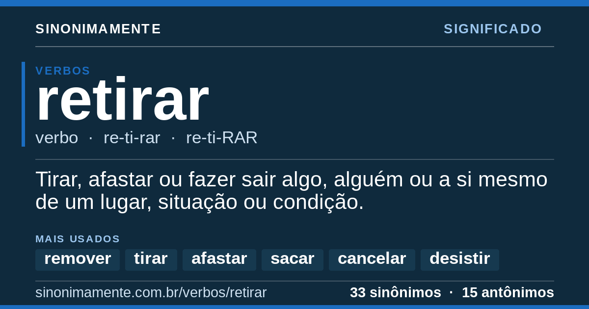 Significado de retirar: cartão do verbete com 33 sinônimos