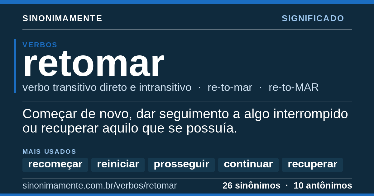 Significado de retomar: cartão do verbete com 26 sinônimos