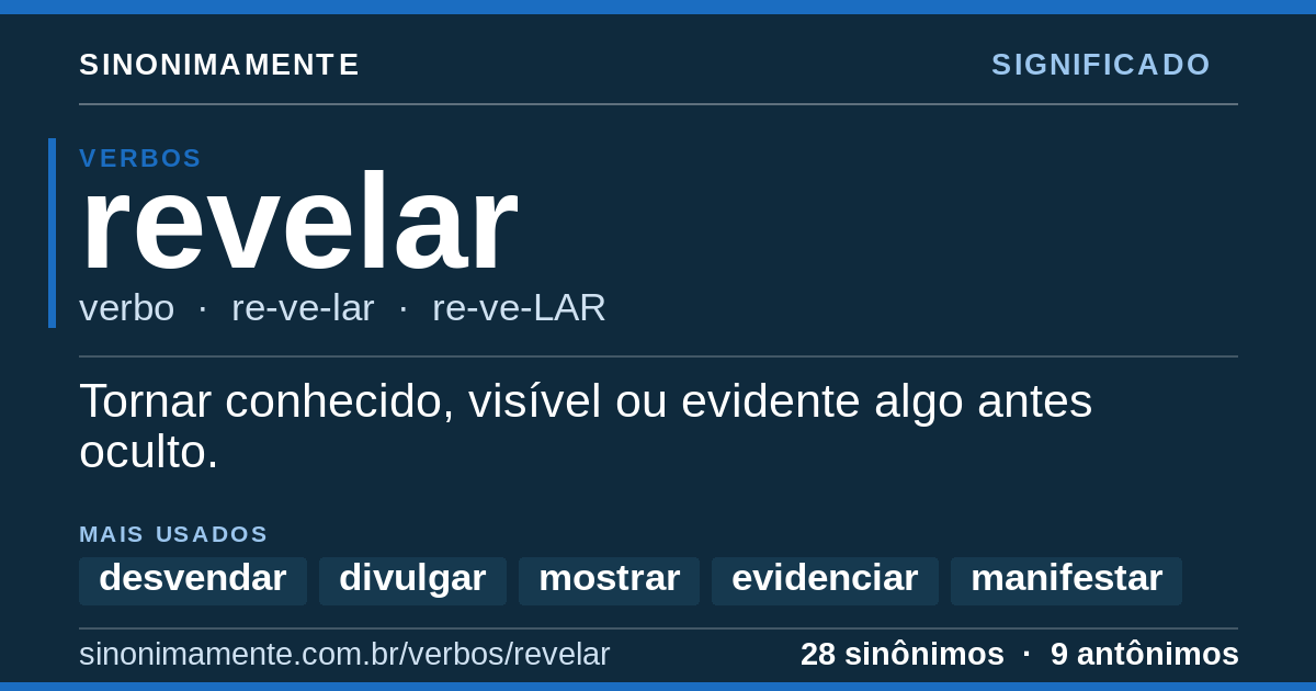 Significado de revelar: cartão do verbete com 28 sinônimos