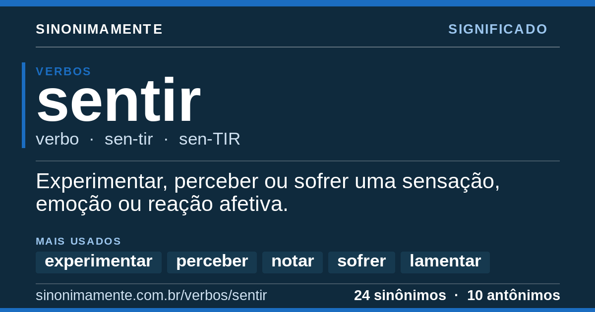 Significado de sentir: cartão do verbete com 24 sinônimos