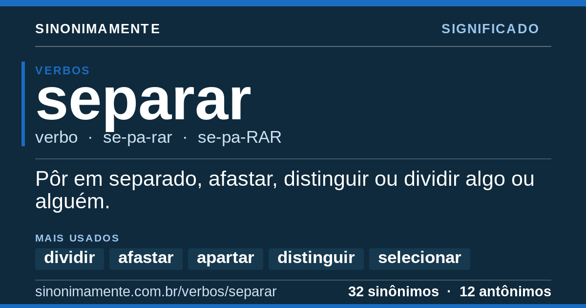 Significado de separar: cartão do verbete com 32 sinônimos