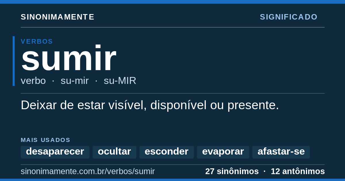 Significado de sumir: cartão do verbete com 27 sinônimos